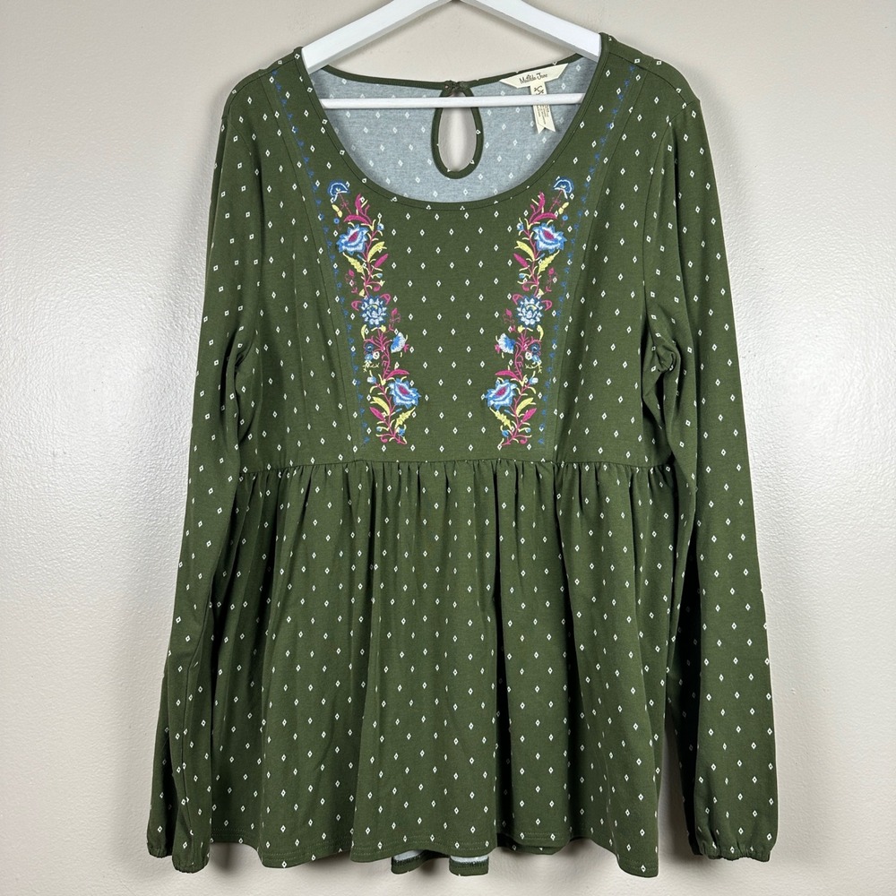Matilda Jane Women's XS Babydoll Top Olive Green Floral Embroidered Diamond